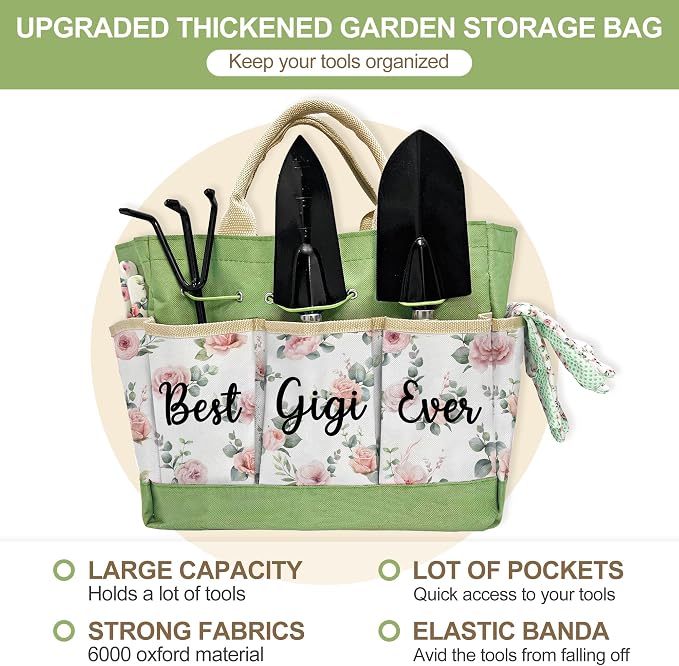 Gifts for Gigi Mothers Day, Gardening Kit Gigi Gifts from Grandkids Floral Gardening Tools and Durable Garden Tools Organizer Tote, Ideal Gardening Gift for Women on Birthday Plant Lover Present