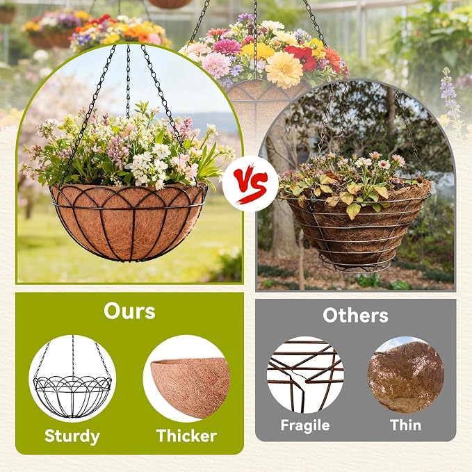 Halatool 2 Pack 14 Inch Hanging Baskets with Coco Liners, Rustproof Metal Flower Planters with Chain Hooks, No Tool Needed Heavy Duty Hanging Pots for Outdoor Patio Balcony Decor