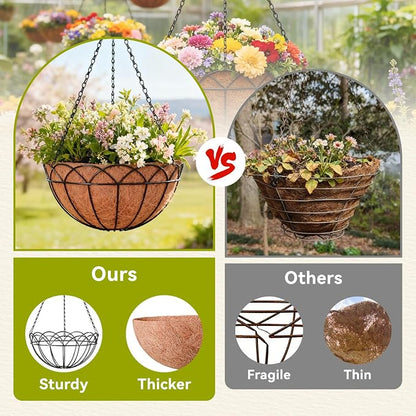 Halatool 2 Pack 14 Inch Hanging Baskets with Coco Liners, Rustproof Metal Flower Planters with Chain Hooks, No Tool Needed Heavy Duty Hanging Pots for Outdoor Patio Balcony Decor