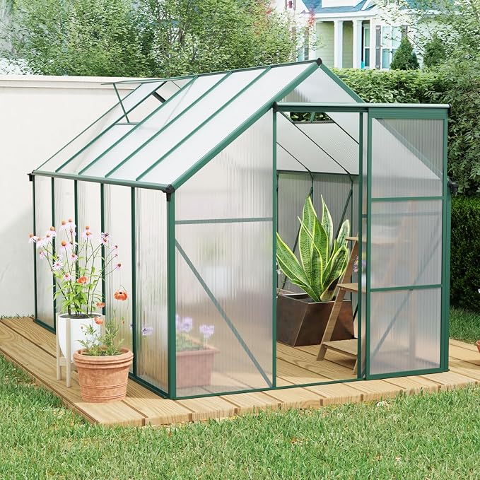 6x10 FT Greenhouse, Walk-in Polycarbonate Greenhouses with Sliding Doors, Aluminum Frame, Adjustable Roof Vent, Raised Base & Anchor, Outdoor Backyard Greenhouse for All Seasons, Green