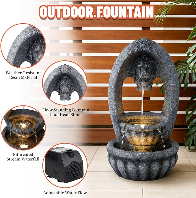 31.1" H Lion Head Fountain, Floor-Standing Lion Fountain, Outdoor Water Fountain with LED Light, Water Feature for Garden Patio Backyard Deck Porch and Home Art Decor