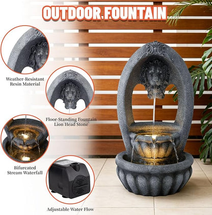 31.1" H Lion Head Fountain, Floor-Standing Lion Fountain, Outdoor Water Fountain with LED Light, Water Feature for Garden Patio Backyard Deck Porch and Home Art Decor