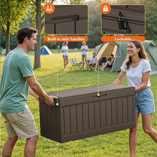 78 Gallon Deck Box Outdoor Indoor Waterproof Storage Box for Patio Furniture, Pool Accessories, Garden Tools, and Cushion Storage, Brown
