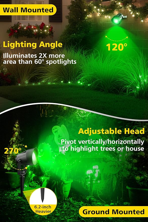 T-SUN Green Spotlight Outdoor, Waterproof LED Landscape Lighting with US Plug, Easy Install 270° Adjustable Outdoor Spot Lights for Garden Tree Yard Decor