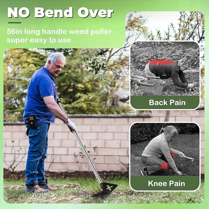 2.0 Weed Puller Tool with Long Handle, 56" Heavy Duty Garden Hoe & 10 Teeth Weed Rake, 2 in 1 Manual Hand Gardening Weeder, Upgraded Weeding Remover Tools for Garden, Yard, Patio, Lawn
