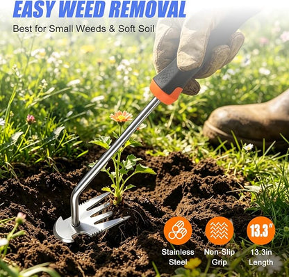Weed Remover Tool for Garden, Portable Stainless Steel Hand Weeder Tool, 13.3" Manual Weed Puller with Rubber Grip for Lawn, Flower Beds & Vegetable Gardening (Rubber Handle)