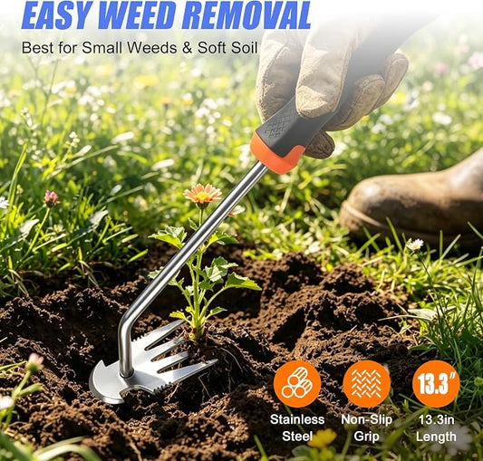 Weed Remover Tool for Garden, Portable Stainless Steel Hand Weeder Tool, 13.3" Manual Weed Puller with Rubber Grip for Lawn, Flower Beds & Vegetable Gardening (Rubber Handle)
