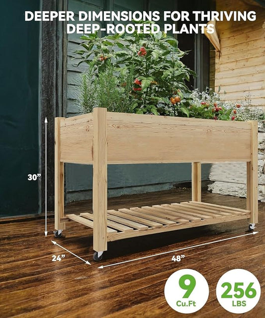Tall Wooden Raised Garden Bed with Wheels & Storage, 48x24x32 Inch Elevated Planter Box with Waterproof Liner, Mobile Indoor/Outdoor Planters for Vegetables, Herbs, Flowers on Patio, Balcony & Yard