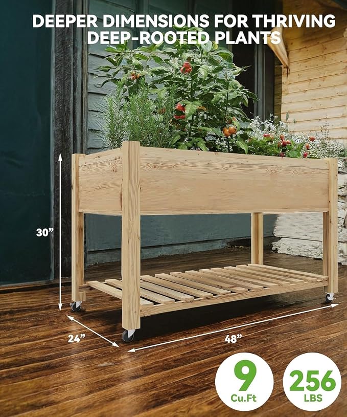 48x24x32 Inch Tall Wooden Raised Garden Bed – Planter Box with Locking Wheels & Bottom Storage Shelf – Waterproof Liner Included for Outdoor/Indoor Use – Grow Herbs, Veggies, Flowers – Easy Assembly