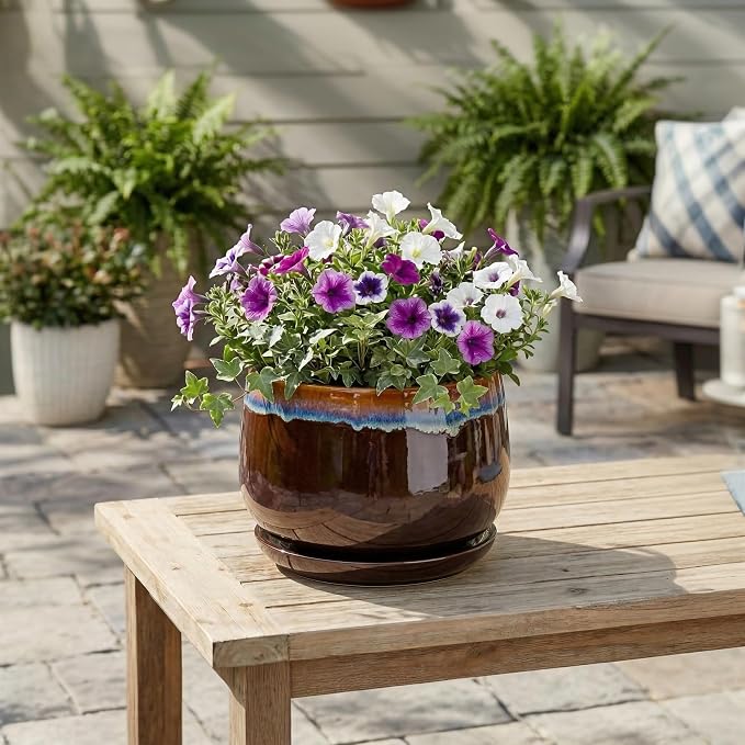 9 Inch Flower Pots - Ceramic Planter with Drainage Hole and Saucer, Decorative Ceramic Pots for Indoor Plants, Round Plant Pot, Garden Home Living Room Decor, Housewarming Gifts, Brown-Blue