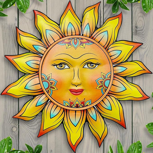 Metal Sun Flower Wall Decor - 12.87 inches Sun Wall Art Hanging Decorations for Outdoor, Home Garden Yard Patio Fence Bedroom Decor