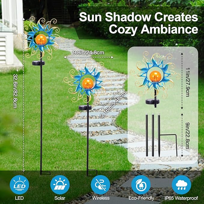 Solar Lights Outdoor Garden Decor, Blue Metal Sun Crackle Glass Globe Stake Waterproof 30LED Decorations Unique Gifts for Women,Mom,Outside, Patio,Lawn,Yard,Pathway