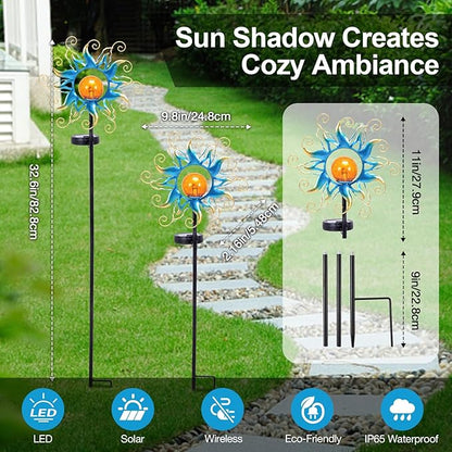 Solar Lights Outdoor Garden Decor, Blue Metal Sun Crackle Glass Globe Stake Waterproof 30LED Decorations Unique Gifts for Women,Mom,Outside, Patio,Lawn,Yard,Pathway