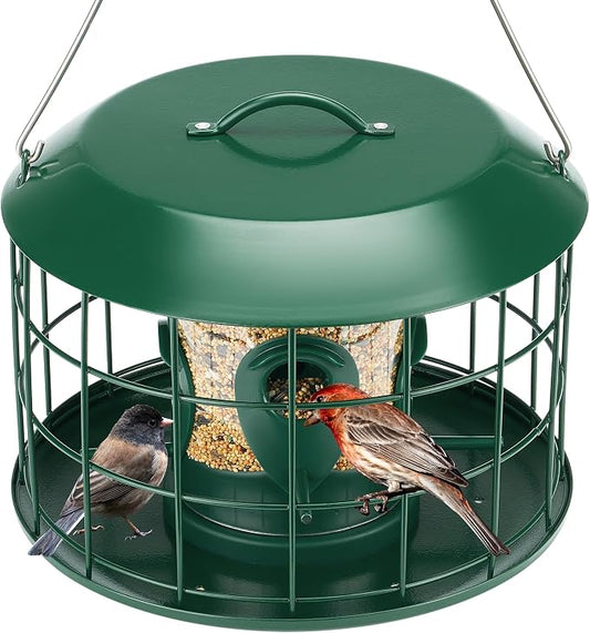 Kingsyard Tube Squirrel Proof Bird Feeders for Outdoor Hanging, Metal Caged | Rain Proof Covered, Wildbirds Finches Bluebird, 4 Feeding Ports, Green