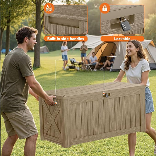 130 Gallon Deck Box Outdoor Indoor Waterproof Storage Box for Patio Furniture, Pool Accessories, Garden Tools, and Cushion Storage, Coffee