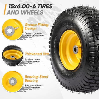 2PCS 15x6.00-6 Tire and Wheel Assembly, 4 Ply Tubeless 15x6-6 Front Tire Assembly Replacement for Craftsman John Deere Husqvarna Riding Mowers, 500lbs Capacity, 3" Centered Hub, 3/4" Bushing