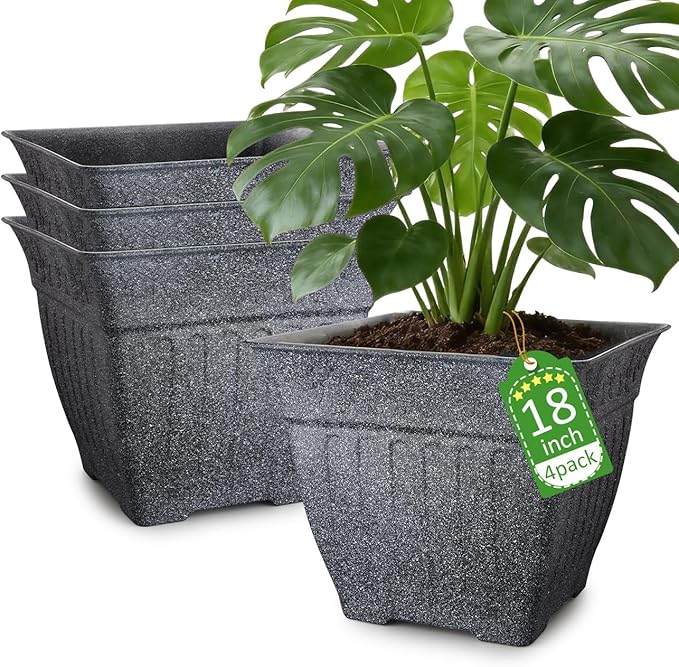 18" Large Square Planter for Plants - 4 Pack Imitation Cement Plastic Flower Pots with Drainage Holes & 2cm Raised Base, 14 Gal Decorative Stone Like Garden Pot, Retro Plant Container (15" Tall)