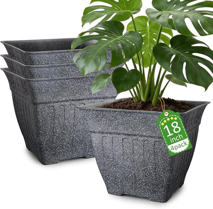 18" Large Square Planter for Plants - 4 Pack Imitation Cement Plastic Flower Pots with Drainage Holes & 2cm Raised Base, 14 Gal Decorative Stone Like Garden Pot, Retro Plant Container (15" Tall)