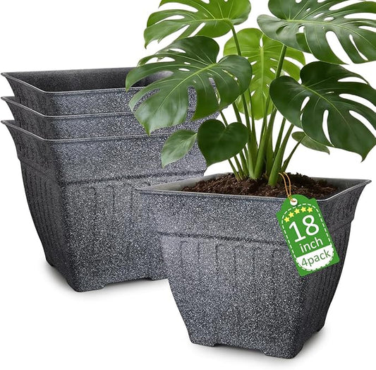 18" Large Square Planter for Plants - 4 Pack Imitation Cement Plastic Flower Pots with Drainage Holes & 2cm Raised Base, 14 Gal Decorative Stone Like Garden Pot, Retro Plant Container (15" Tall)