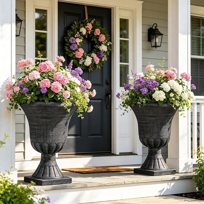 Autodaya 22" Handmade Washed Black Urn Planters Set of 2 Plastic Pots | Handmade Washed Black Finish, Large Weather-Resistant Planters for Porch, Garden, Patio, or Indoor Use