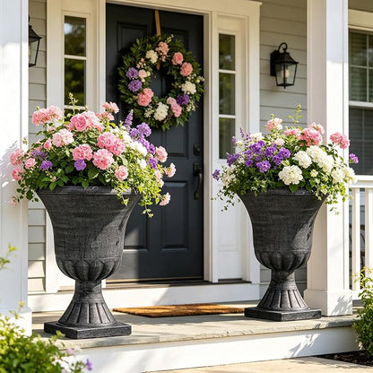Autodaya 22" Handmade Washed Black Urn Planters Set of 2 Plastic Pots | Handmade Washed Black Finish, Large Weather-Resistant Planters for Porch, Garden, Patio, or Indoor Use
