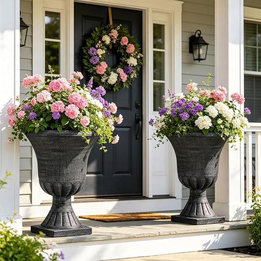 Autodaya 22" Handmade Washed Black Urn Planters Set of 2 Plastic Pots | Handmade Washed Black Finish, Large Weather-Resistant Planters for Porch, Garden, Patio, or Indoor Use
