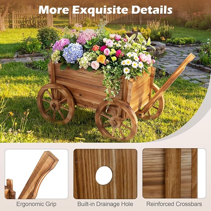 Giantex Wood Wagon Planter, Rustic Rolling Flower Pot Stand with Wheels, Handle & Drainage Hole for Growing Vegetables Herbs, Indoor Outdoor Decorative Cart for Patio Balcony Garden