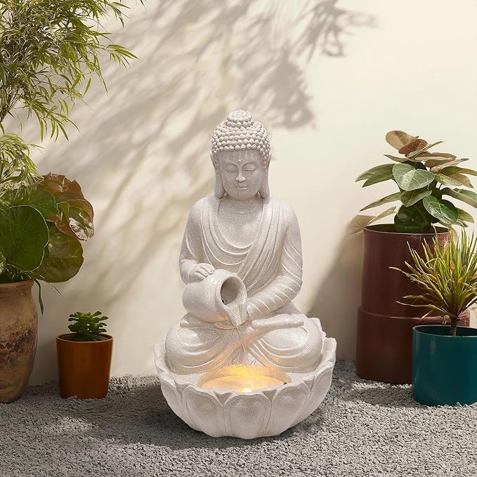 G-LEAF Zen Style Meditating Buddha Statue Water Fountain Outdoor 31'' Tall Patio Garden Water Fountain with LED Light and Submersible Pump Yard Art Decor