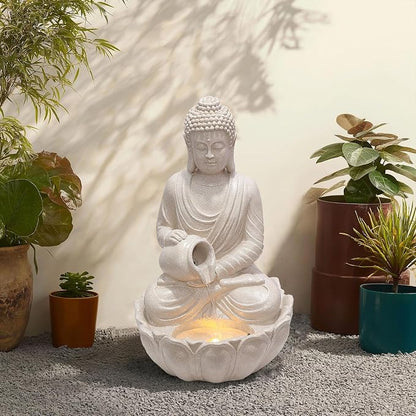 G-LEAF Zen Style Meditating Buddha Statue Water Fountain Outdoor 31'' Tall Patio Garden Water Fountain with LED Light and Submersible Pump Yard Art Decor