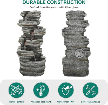 Extra-Large Rock Outdoor Water Fountain with LED Lights | 6-Tier Cascading Waterfall for Garden Patio Porch, Weather-Resistant Polyresin Water Feature for Tranquil Oasis