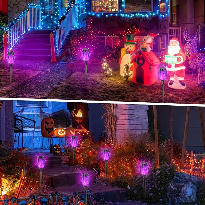 EOYIZW Solar Lights Outdoor, Halloween Decorations 12 Pack Purple Solar Torches for Outside, Torch Light with Flickering Flame Landscape Outdoor Lights for Yard Patio Garden
