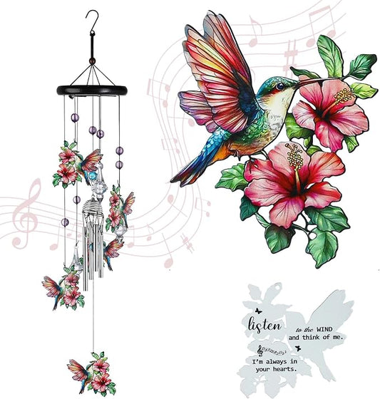 YU FENG Hummingbird Memorial Wind Chime, Crystal Suncatcher Garden Decor | 27 Inch Pink Metal Wind Chime, Hummingbird Design, Sympathy Gift For Women Mom Grandma, Outdoor Hanging Decor