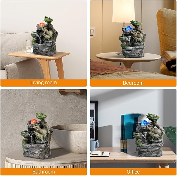 BEAMNOVA Tabletop Fountain, Indoor Water Feature with Elephant Sculpture & Spinning Ball, Feng Shui Relaxation Fountain for Home Office Desk Decor, Soothing Water Sounds, Quiet Pump