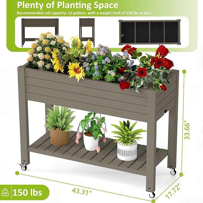PatioZen Raised Garden Bed with Legs, 33.66" Tall Self-Watering Resin Planter Box with Lockable Wheels Drainage Plug and Gauge for Vegetables, Flowers, Storage Shelf for Tools and Accessories (Grey)