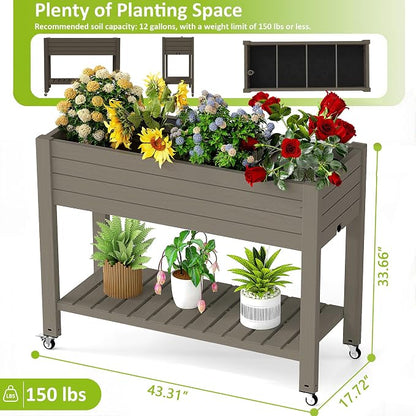 PatioZen Raised Garden Bed with Legs, 33.66" Tall Self-Watering Resin Planter Box with Lockable Wheels Drainage Plug and Gauge for Vegetables, Flowers, Storage Shelf for Tools and Accessories (Grey)