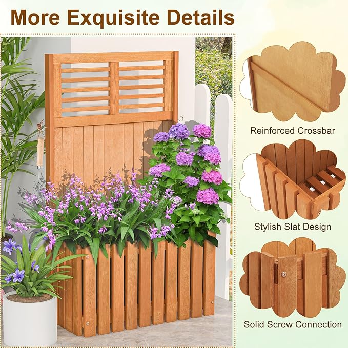 HAPPYGRILL Raised Garden Bed, Wooden Planter w/Trellis & Privacy Screen for Hanging Pot Plants, Outdoor Elevated Planter Box w/Slatted Bottom & 2 Side Hooks for Balcony Patio Garden (1)