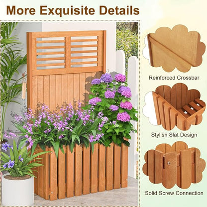 HAPPYGRILL Raised Garden Bed, Wooden Planter w/Trellis & Privacy Screen for Hanging Pot Plants, Outdoor Elevated Planter Box w/Slatted Bottom & 2 Side Hooks for Balcony Patio Garden (2)