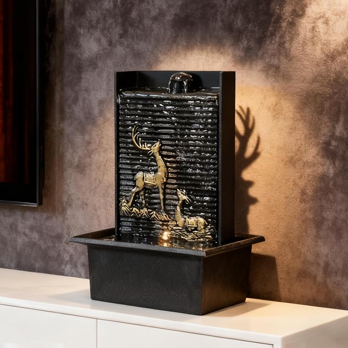Water Wall Waterfall Fountain, Gold Deer Relief Wall Fountain for Home Office, Indoor Zen Vertical Waterfall with Warm Light for Zen Relaxation & Decor