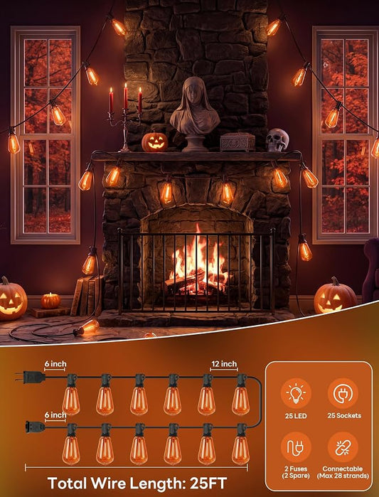 25FT Halloween Orange ST38 LED Outdoor String Lights with 25 Orange Edison Bulbs, Connectable Waterproof Hanging Patio Lights for Halloween, Thanksgiving, Backyard, Porch, Party Decor