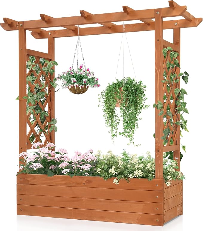 Vasitelan Raised Garden Bed with Trellis, Wooden Elevated Planter Box w/Drainage Holes & Removable Bottom Panels for Climbing Vine Flower, Indoor Outdoor Wood Planter for Yard Patio (Wood Color)