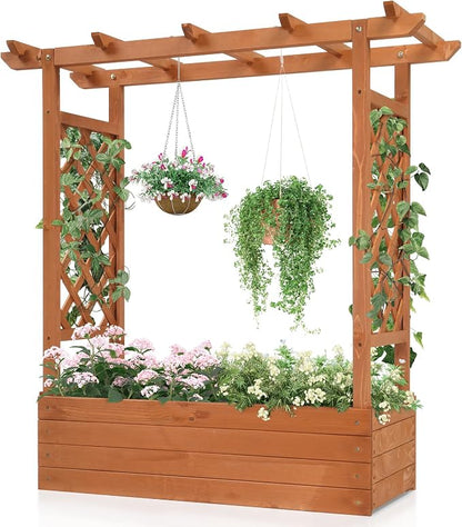 Vasitelan Raised Garden Bed with Trellis, Wooden Elevated Planter Box w/Drainage Holes & Removable Bottom Panels for Climbing Vine Flower, Indoor Outdoor Wood Planter for Yard Patio (Wood Color)