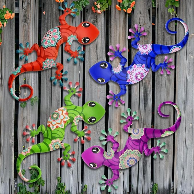 Metal Gecko Outdoor Decorations - 4 Pcs 9.5'' Metal Lizards Wall Art Hanging Sculpture Decoration for Garden Yard Fence Porch Exterior Wall Decor
