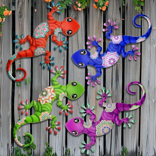Metal Gecko Outdoor Decorations - 4 Pcs 9.5'' Metal Lizards Wall Art Hanging Sculpture Decoration for Garden Yard Fence Porch Exterior Wall Decor
