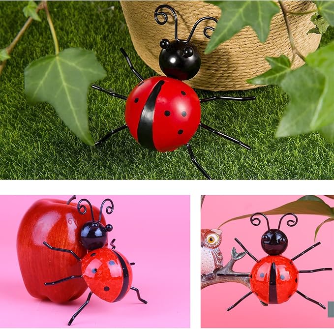 MACLARONX Metal Ladybugs Garden Fence Yard Art Decor 3D Bulk Cute Ladybirds Wall Sculpture Rustic Outdoor Patio Figurines Backyard Ornaments for Home Decorations (Set of 5)
