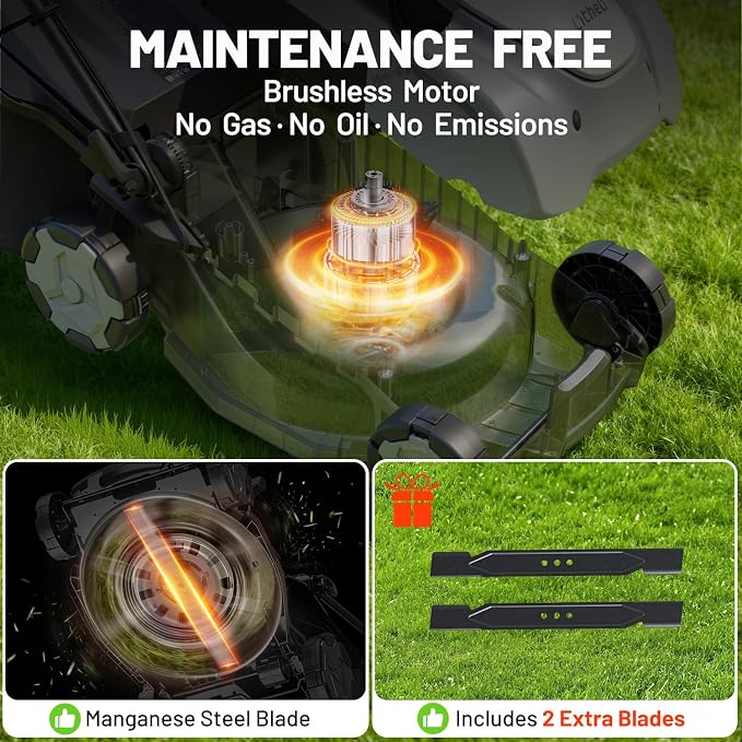 Litheli 2x20V 16 Inch Cordless Lawn Mower, Brushless Battery Powered Push Mower, 6 Adjustable Cutting Heights 25-75mm, 50L Collection Bag & Mulching, 2x5.0Ah Batteries and Charger Included