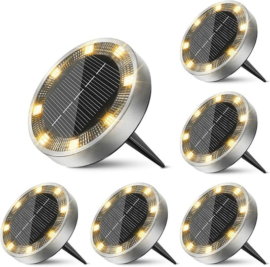 6 Pack Solar Ground Lights Outdoor, 8 LED Mini Flat Solar Disc Lights, IP65 Waterproof Pathway Lights Solar Powered, Landscape Lighting for Garden Walkway Driveway Yard Lawn,Warm White