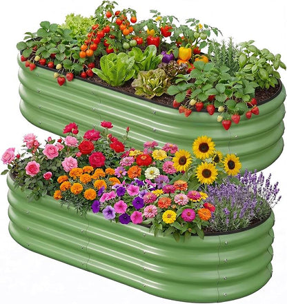 2PCS 4x2x1 FT Oval Metal Raised Garden Bed Kit, Open Bottom Design Elevated Garden Planter Box Outdoor, Trough Planter for Outdoor Plants, Flower, Vegetables, Fruit, Herbs (Green)