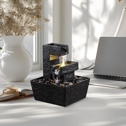 8 Inch Modern Black Tabletop Water Fountain with LED Light – Indoor Waterfall Feature for Home or Office Décor, Zen Relaxation Desktop Water Fountain Outdoor