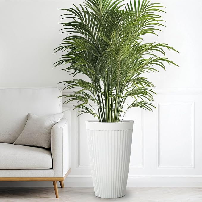 Autodaya 20" Tall Fluted Resin Planters Set of 2 with Drainage Holes | High-Density Weather-Resistant Resin Pots For Indoor and Outdoor Plants, Patio, Garden, Porch, Living Room, Ideal for Gifting