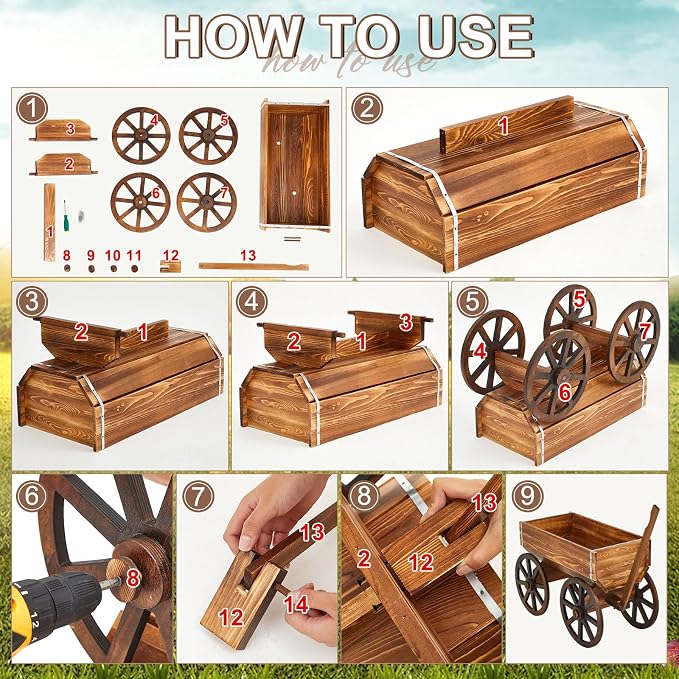 Beeveer Wooden Wagon Flower Planter Cart Garden Planter Box with Wagon Wheels Cart for Home Garden Outdoor Balcony Decorative, Patio Flowers Herbs Vegetables, Brown 29.5 x 17(Elegant)